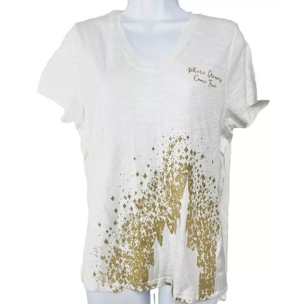 Disney Parks T-Shirt Women's S White Gold Short Sleeve Castle V-Neck Bling